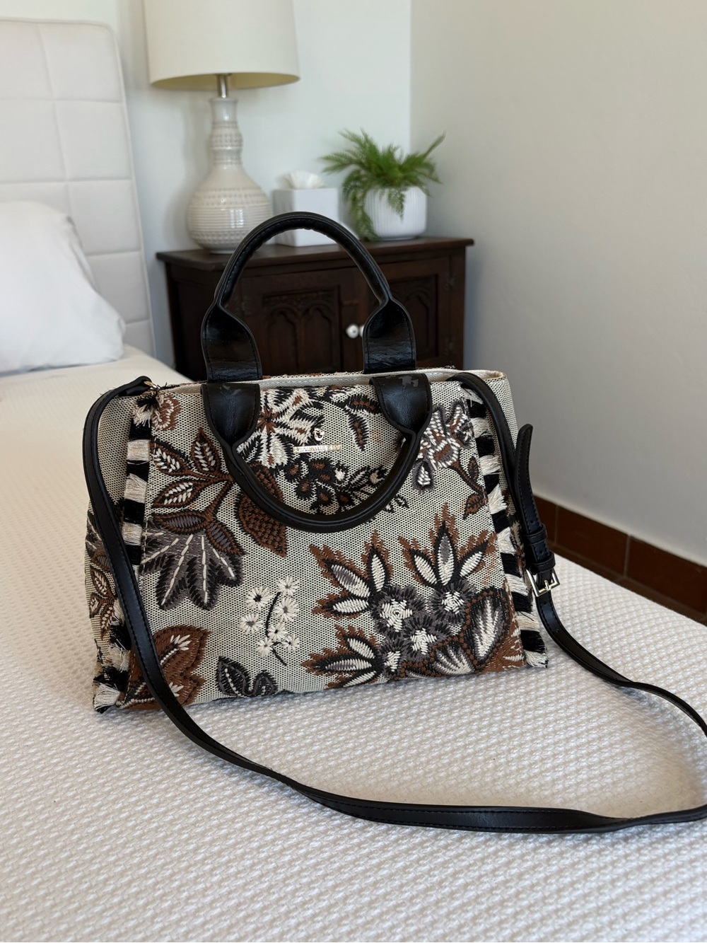 Spartina Mermaid Woven Boho Floral Satchel Handbag in Brown and Black